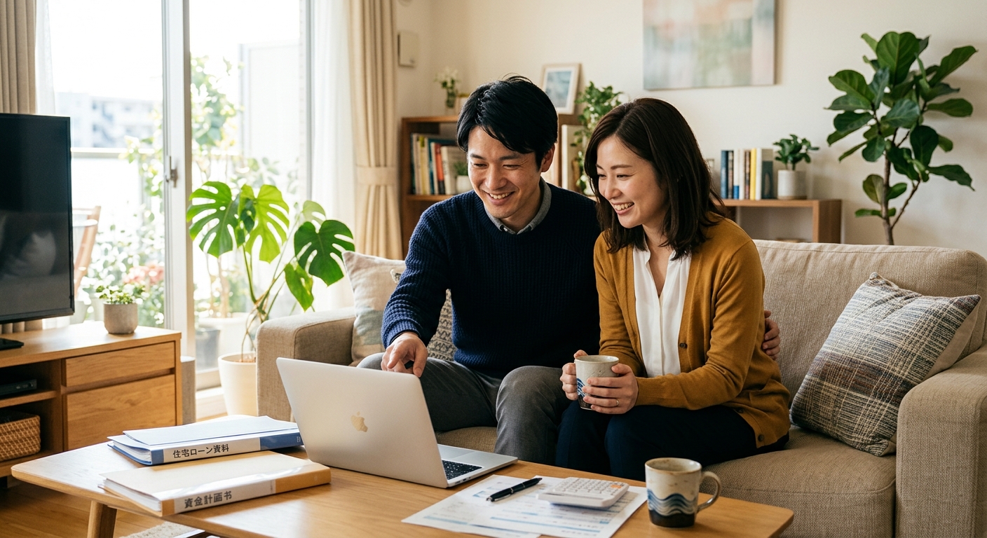 資産運用を始める若い夫婦がリビングでノートパソコンを見ながら話し合っている様子