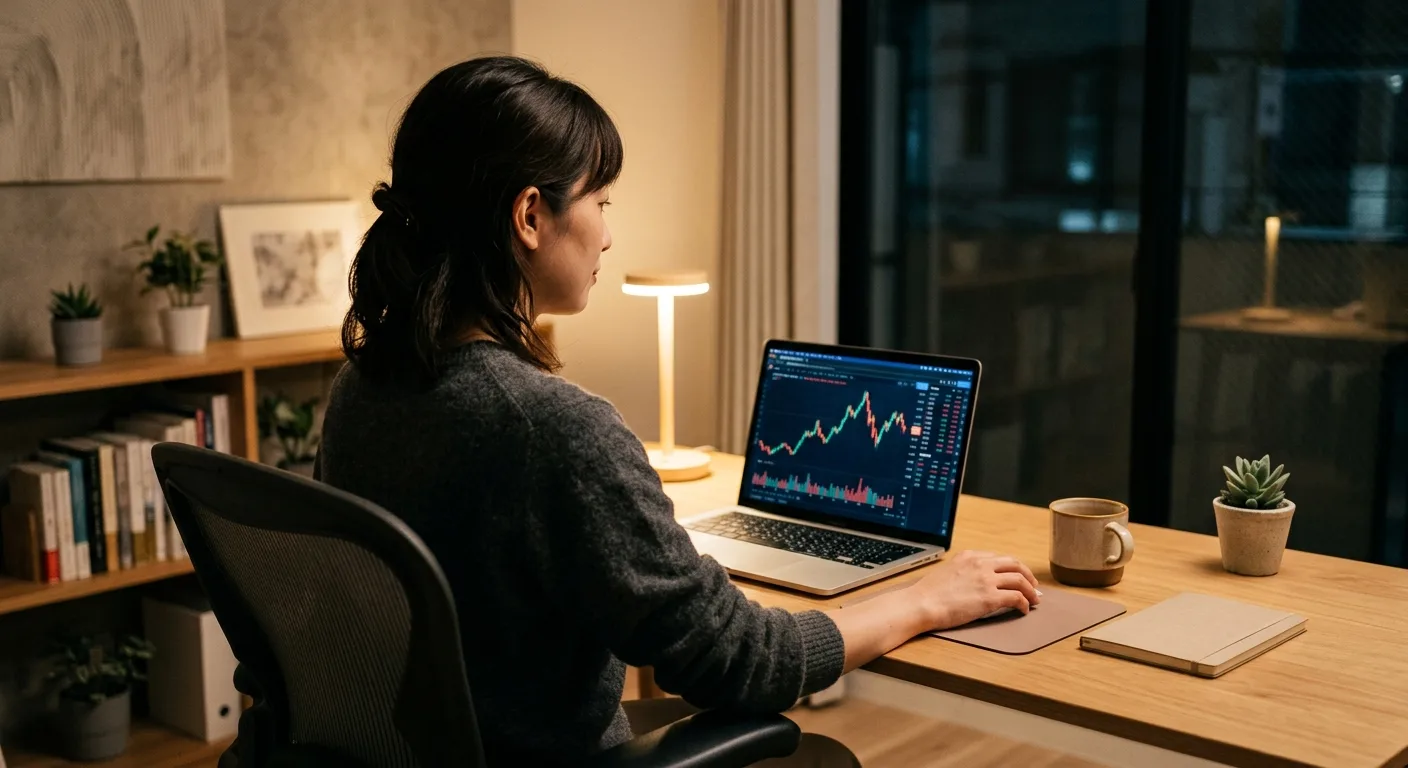 パソコン画面に映る株価チャートを見つめるビジネスパーソン