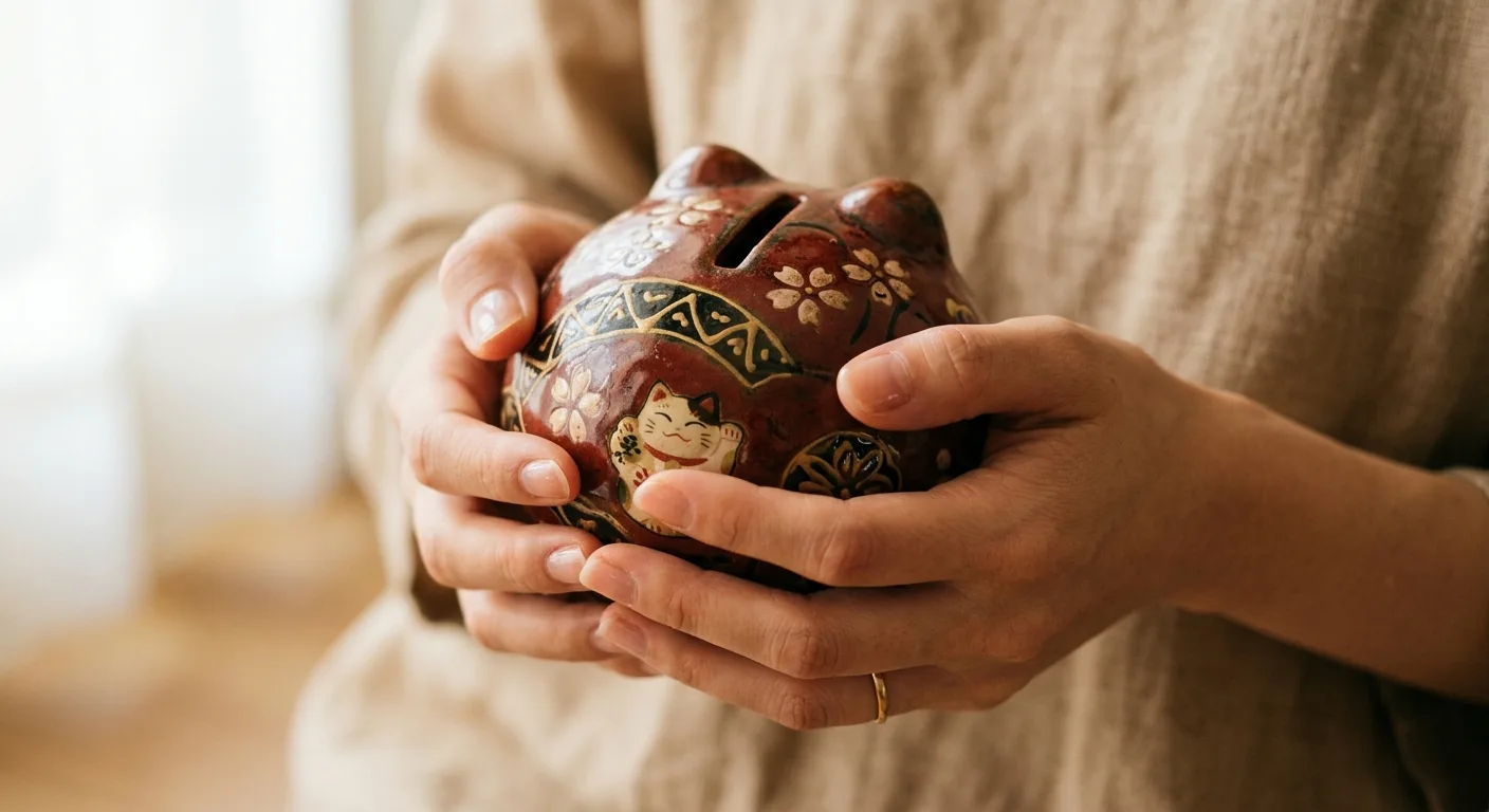 貯金箱を大切に抱える手のクローズアップ