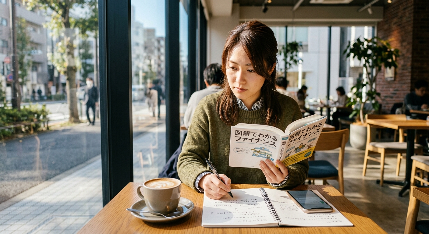 カフェで本を読みながらノートにメモを取る日本人の若者