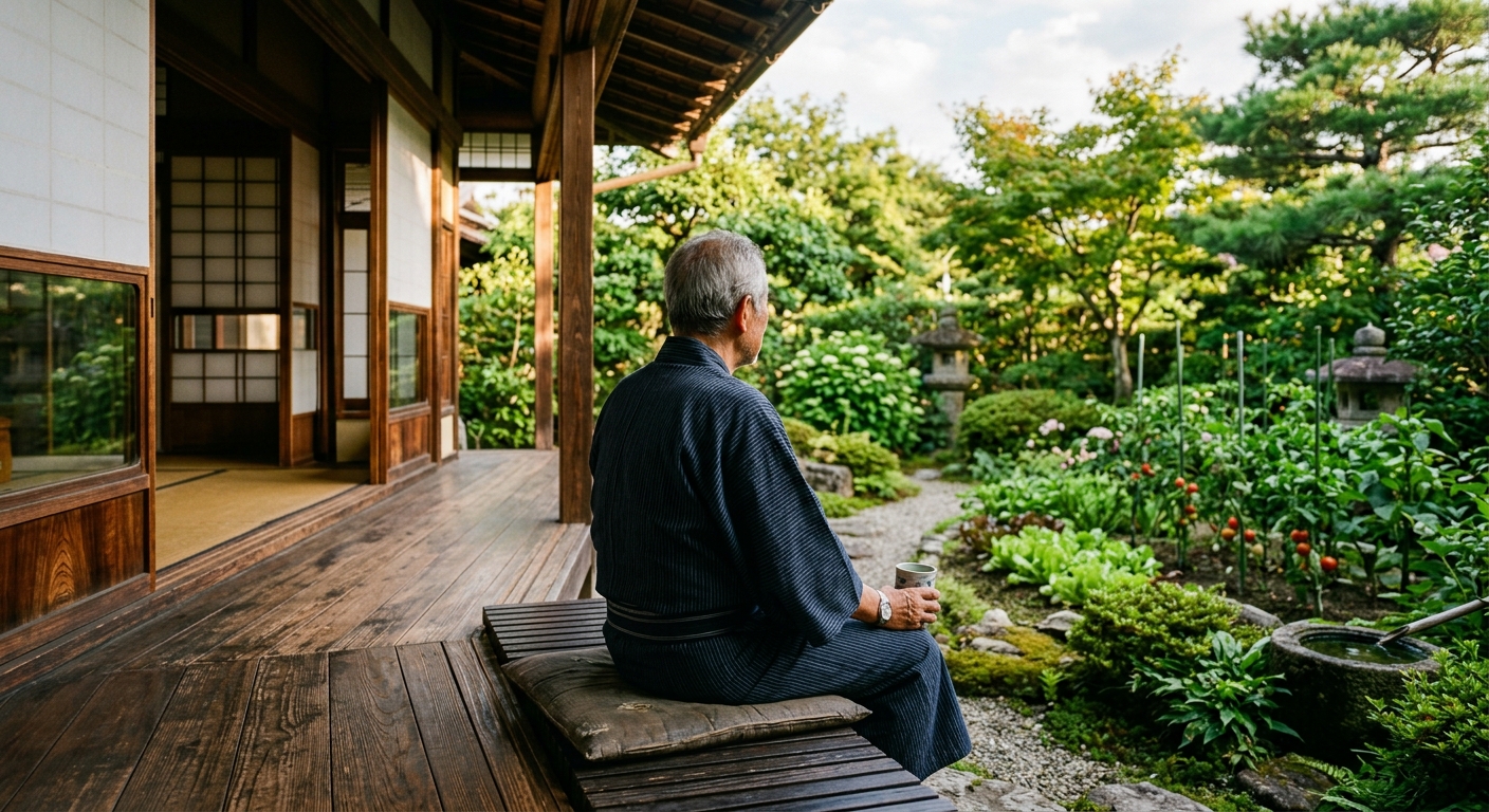 日本庭園の縁側でお茶を飲む穏やかな老人の後ろ姿