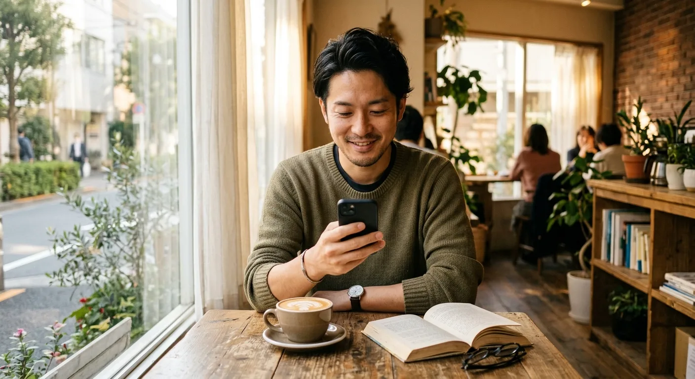 朝のカフェで落ち着いてスマートフォンを確認する日本人男性