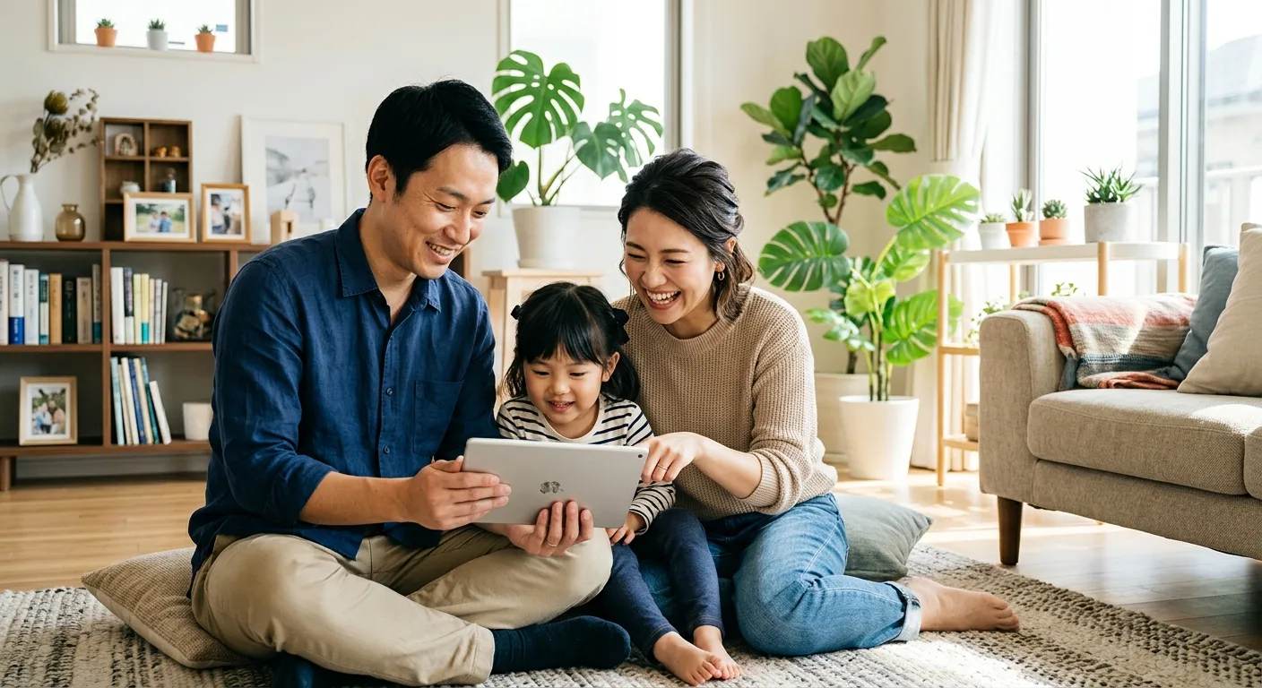 家族で将来の計画を話し合う日本人家族のリビング