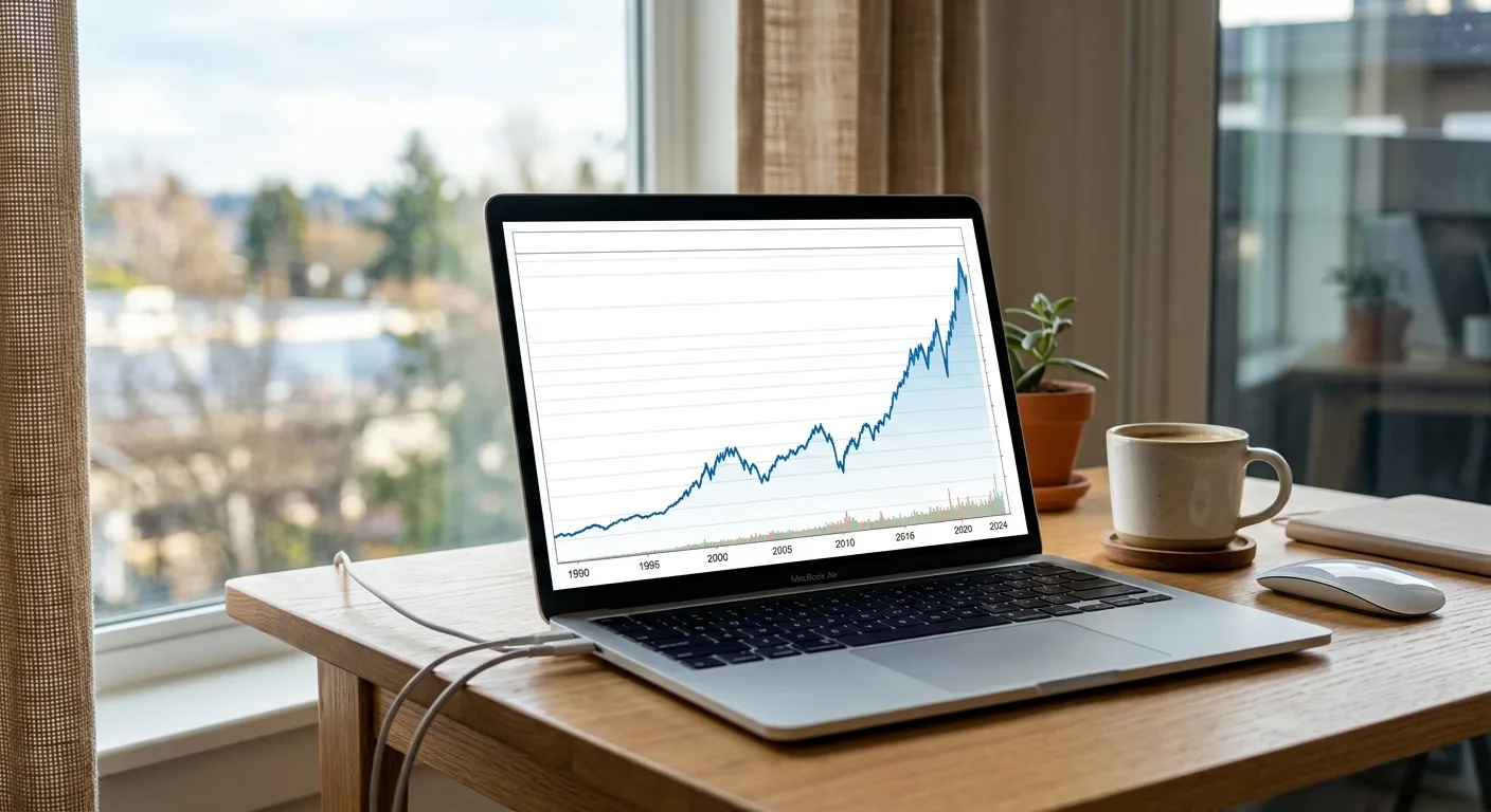 長期的な株式市場の成長を示すグラフを映したパソコン画面