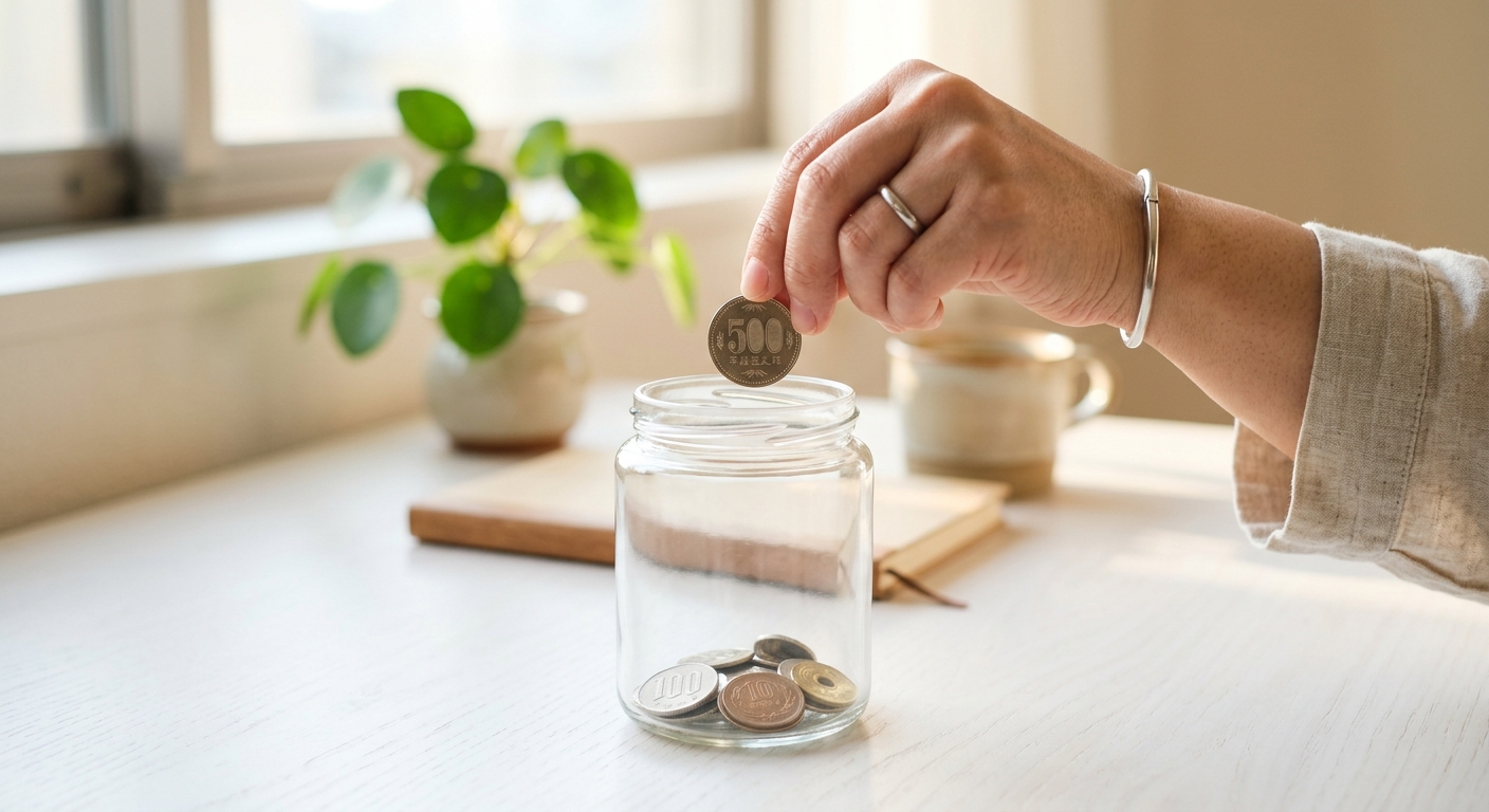 コインを貯金箱に入れる手元のクローズアップ