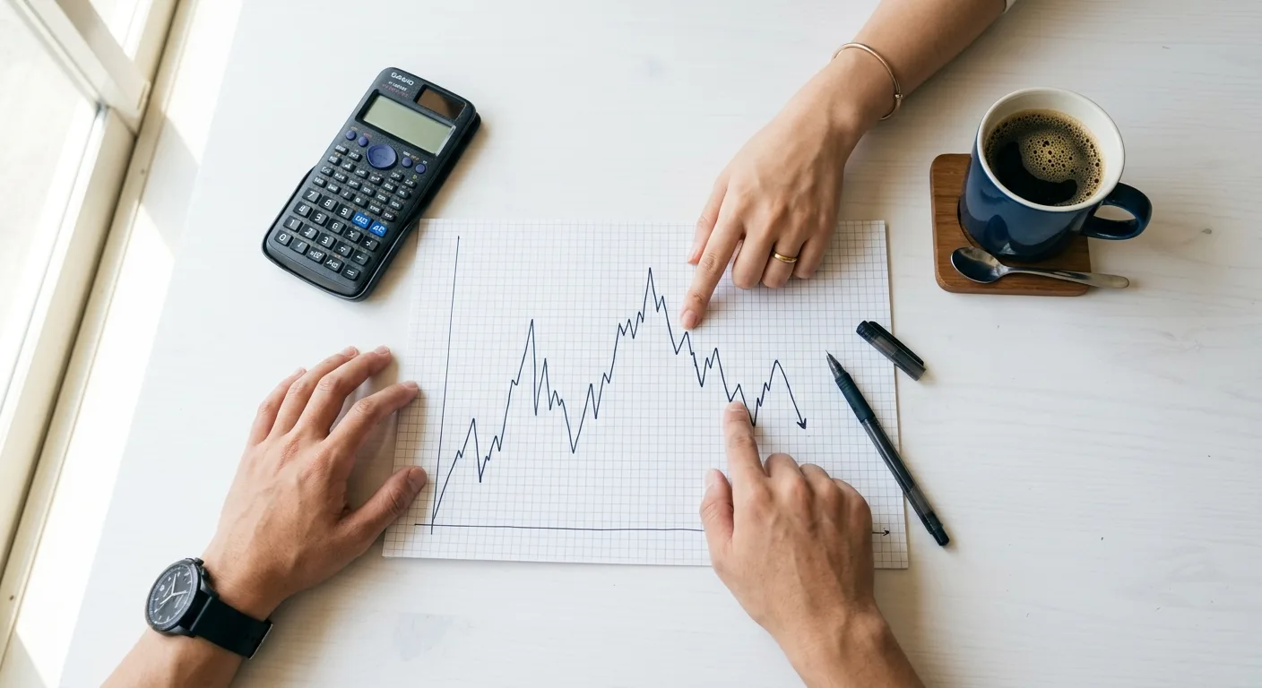 電卓とグラフ用紙で投資の計算をする手元