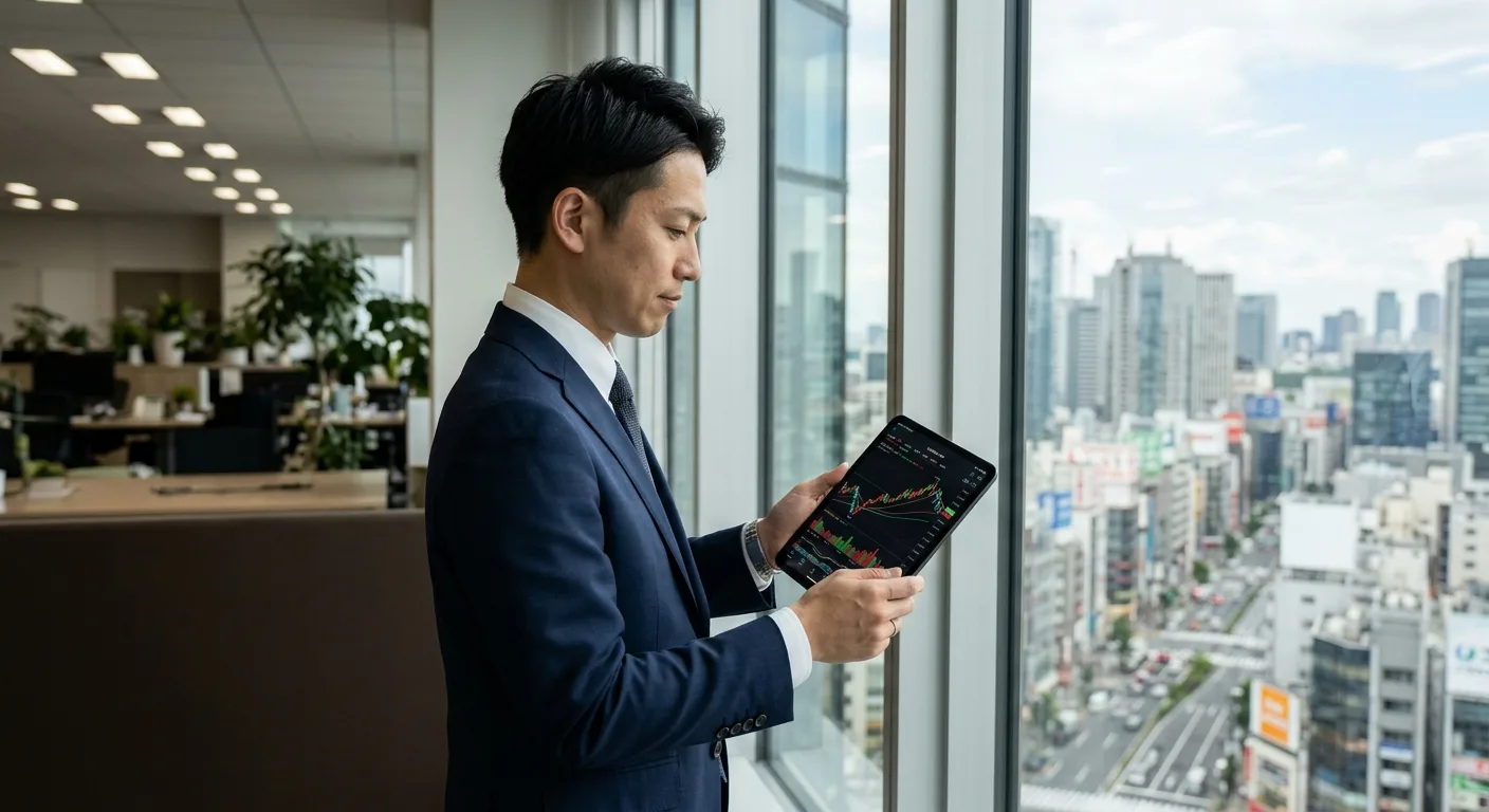 株価のチャートが映ったタブレットを持つ日本人ビジネスパーソン
