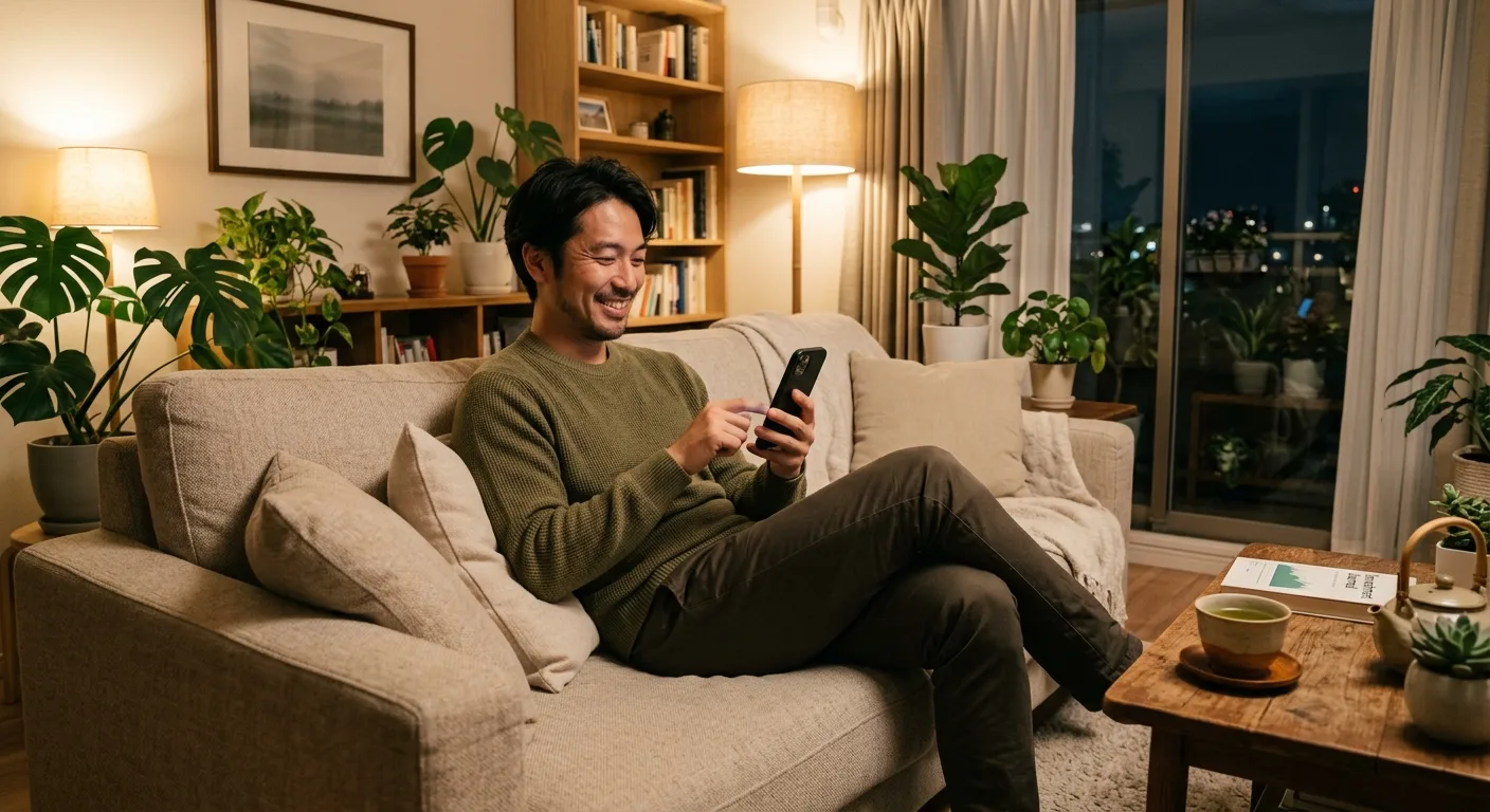 ソファでリラックスしながらスマートフォンを確認する日本人男性