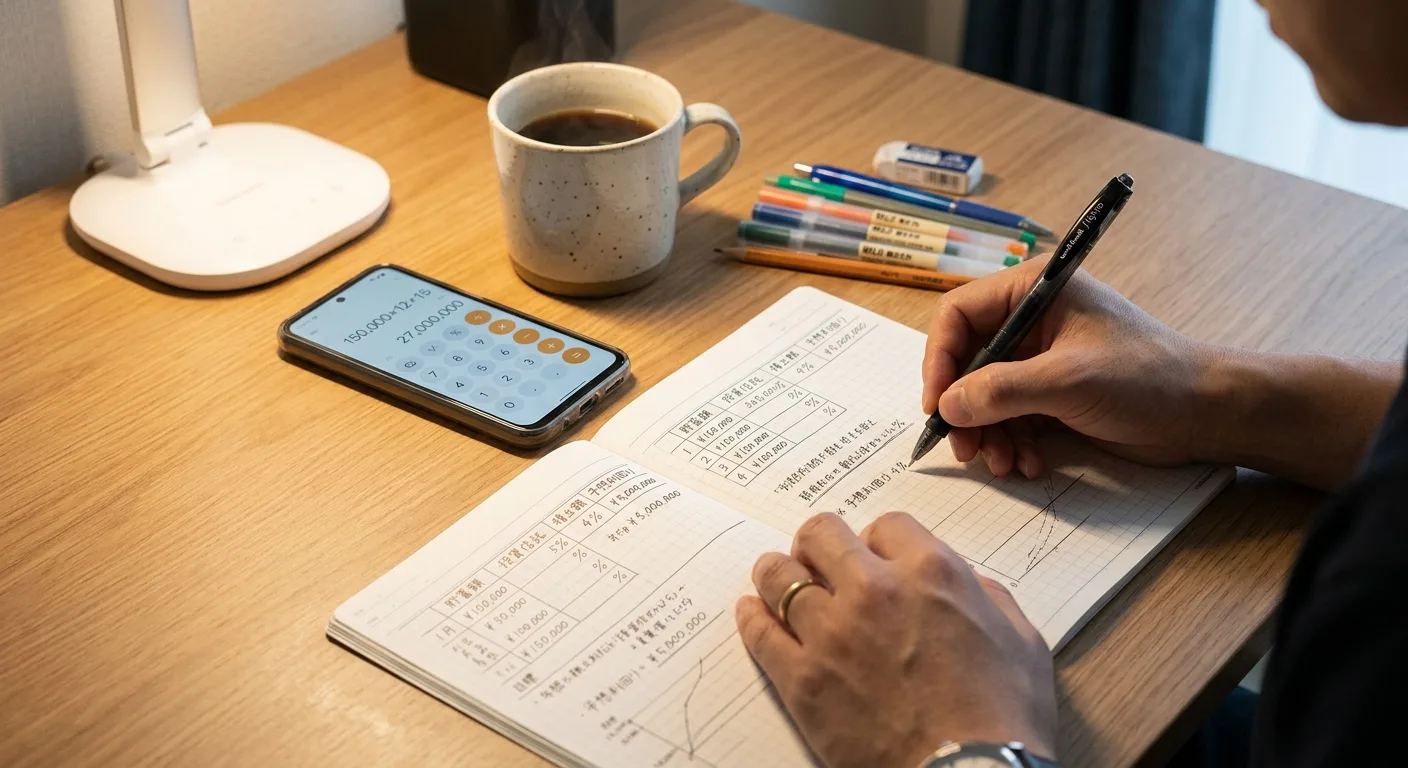 ノートに手書きで投資計画を書いている手元