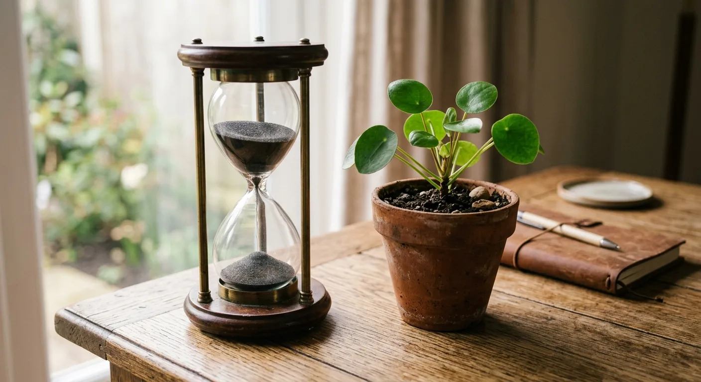 砂時計と植物の成長を並べた静物写真