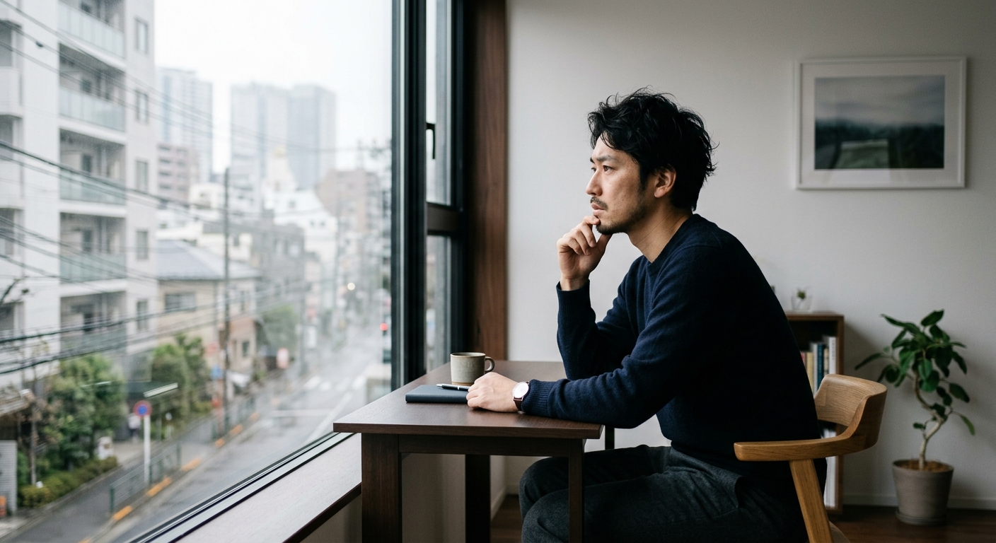 窓辺で考え込む日本人男性の横顔