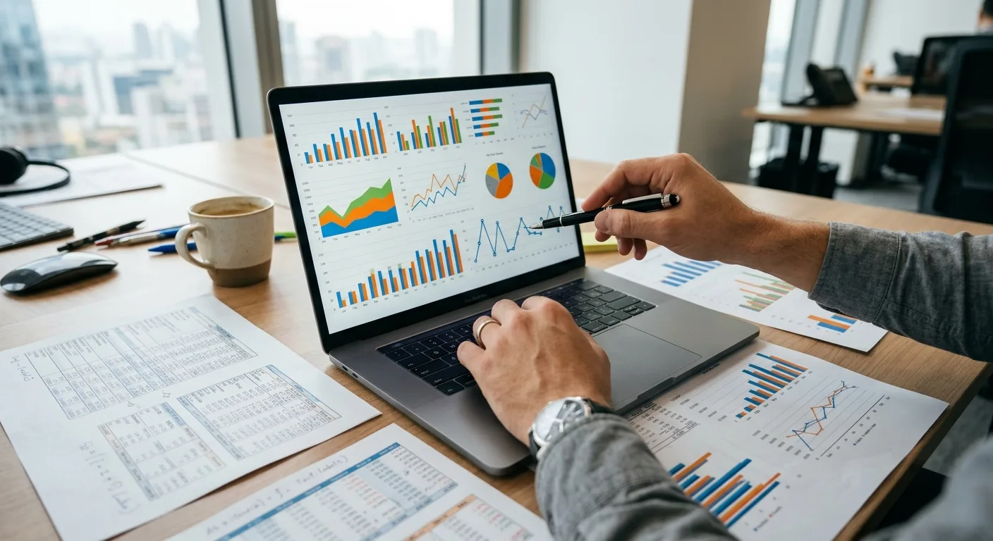 データを分析するノートパソコンの画面と資料