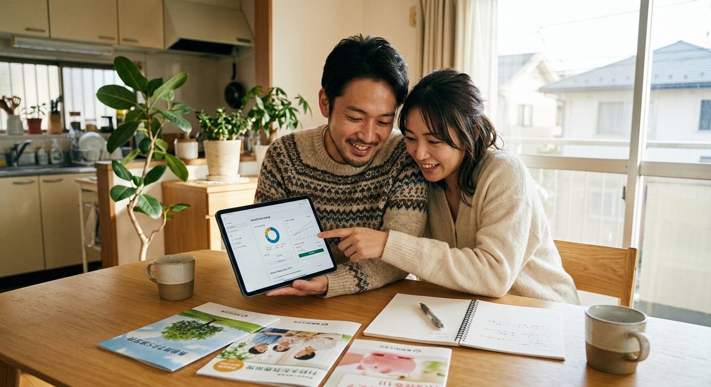 新NISAの資料を見ながら証券口座の設定をする日本人カップル