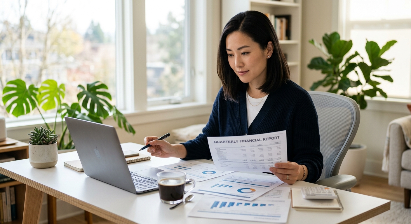 投資信託のパンフレットを比較検討する日本人女性