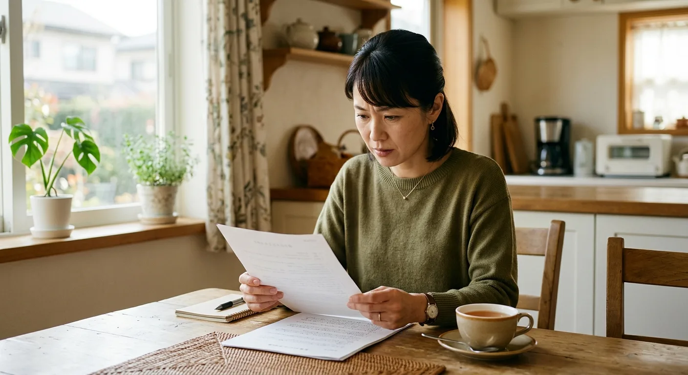 注意書きを読む日本人女性の横顔