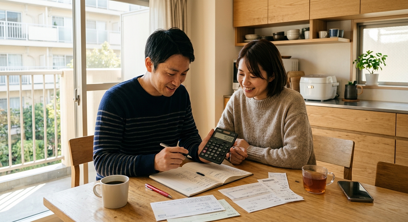 電卓で家計の計算をする日本人夫婦