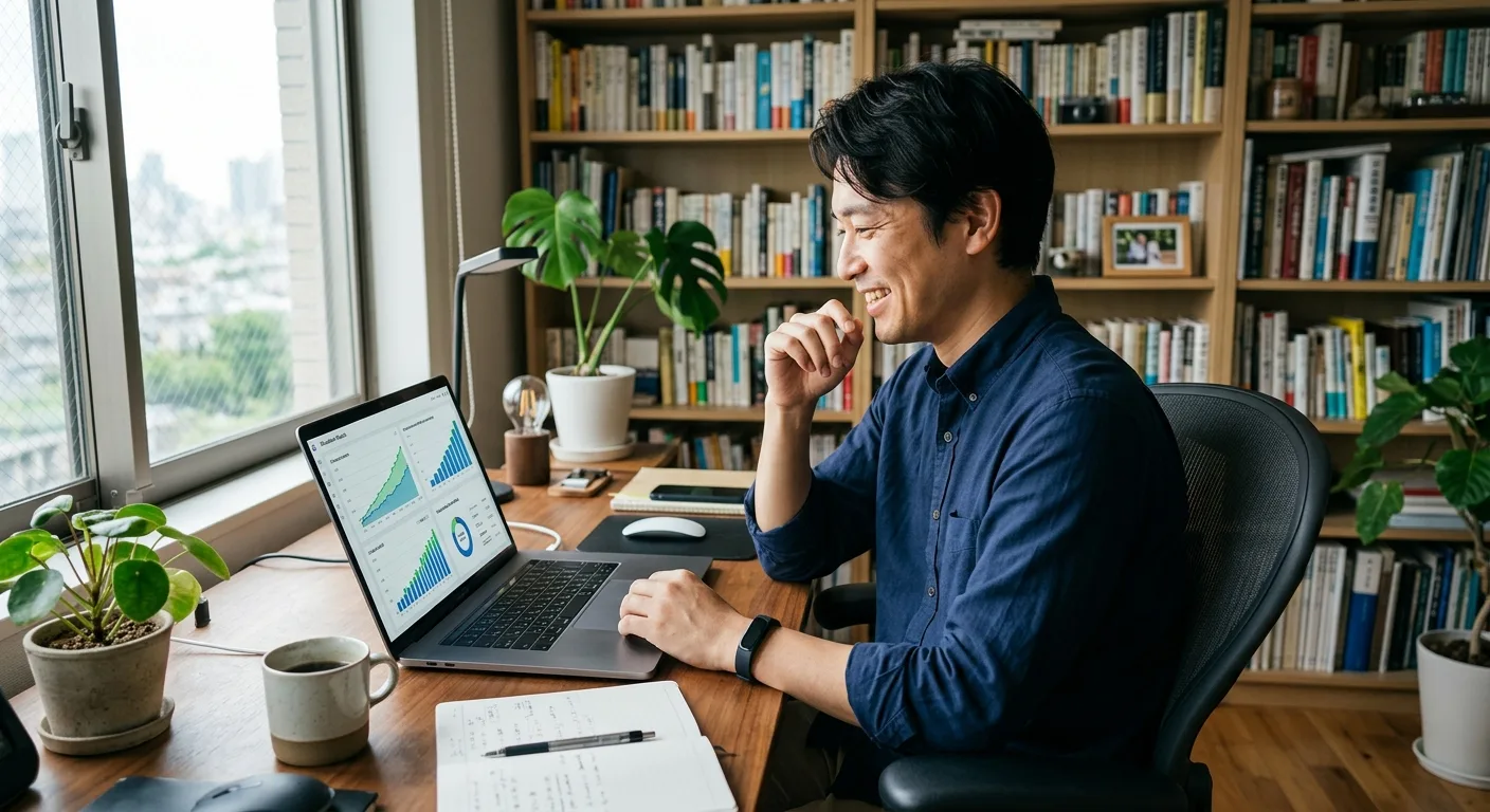 パソコンでシミュレーションを確認する日本人男性