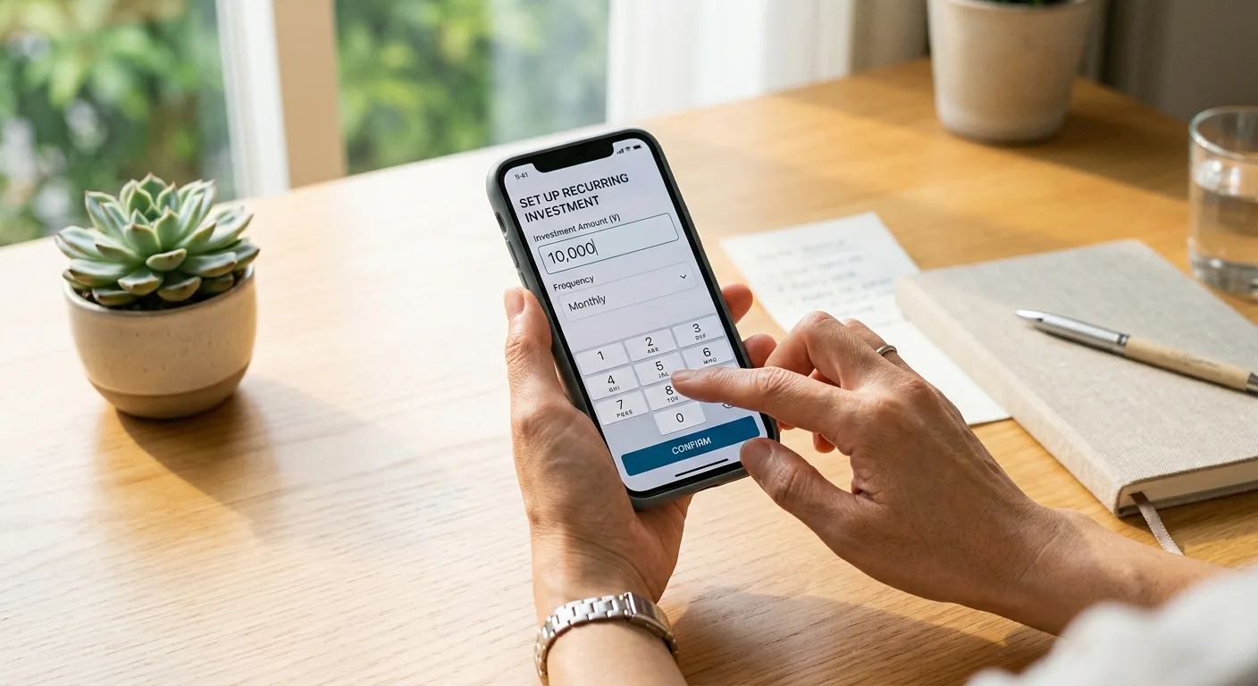 スマートフォンで積立設定をする手元のクローズアップ
