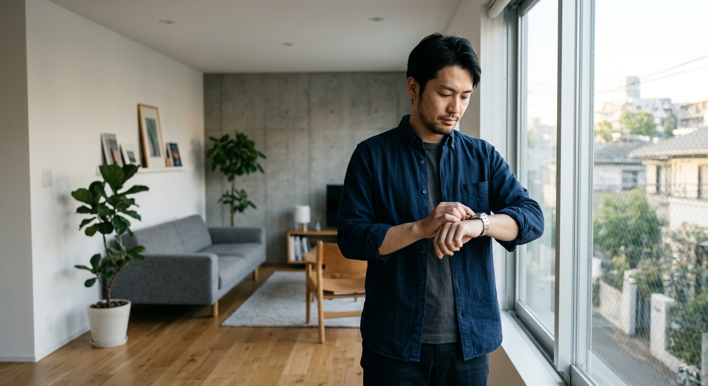 時計を見ながら決断しようとする日本人男性