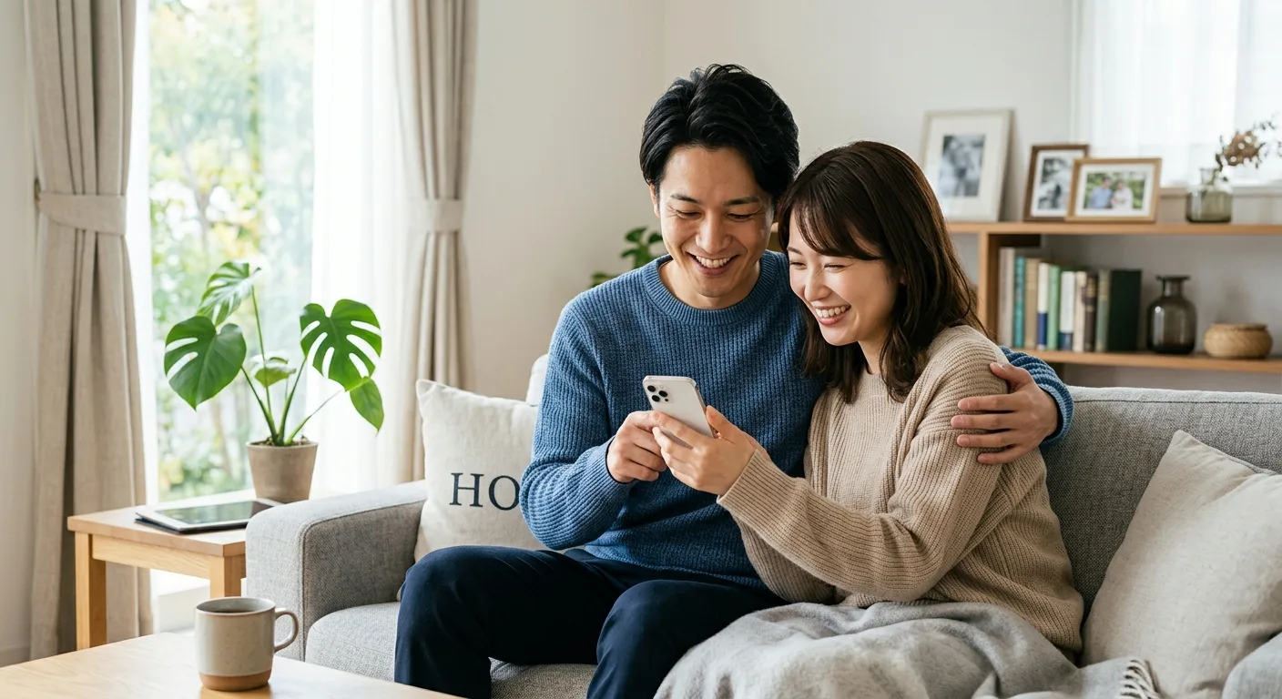 笑顔でスマートフォンを操作する日本人カップル