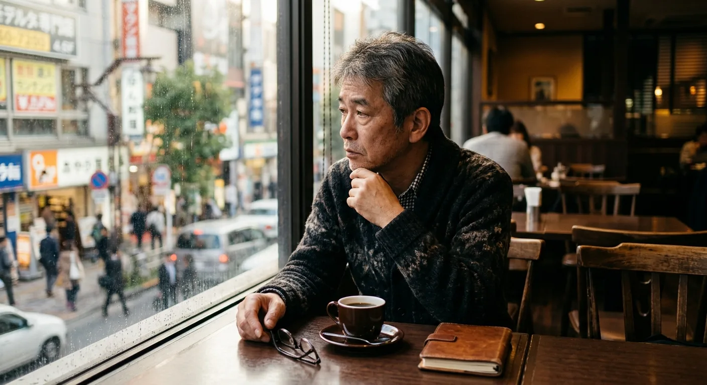 窓の外を見つめて後悔する表情の中年日本人男性
