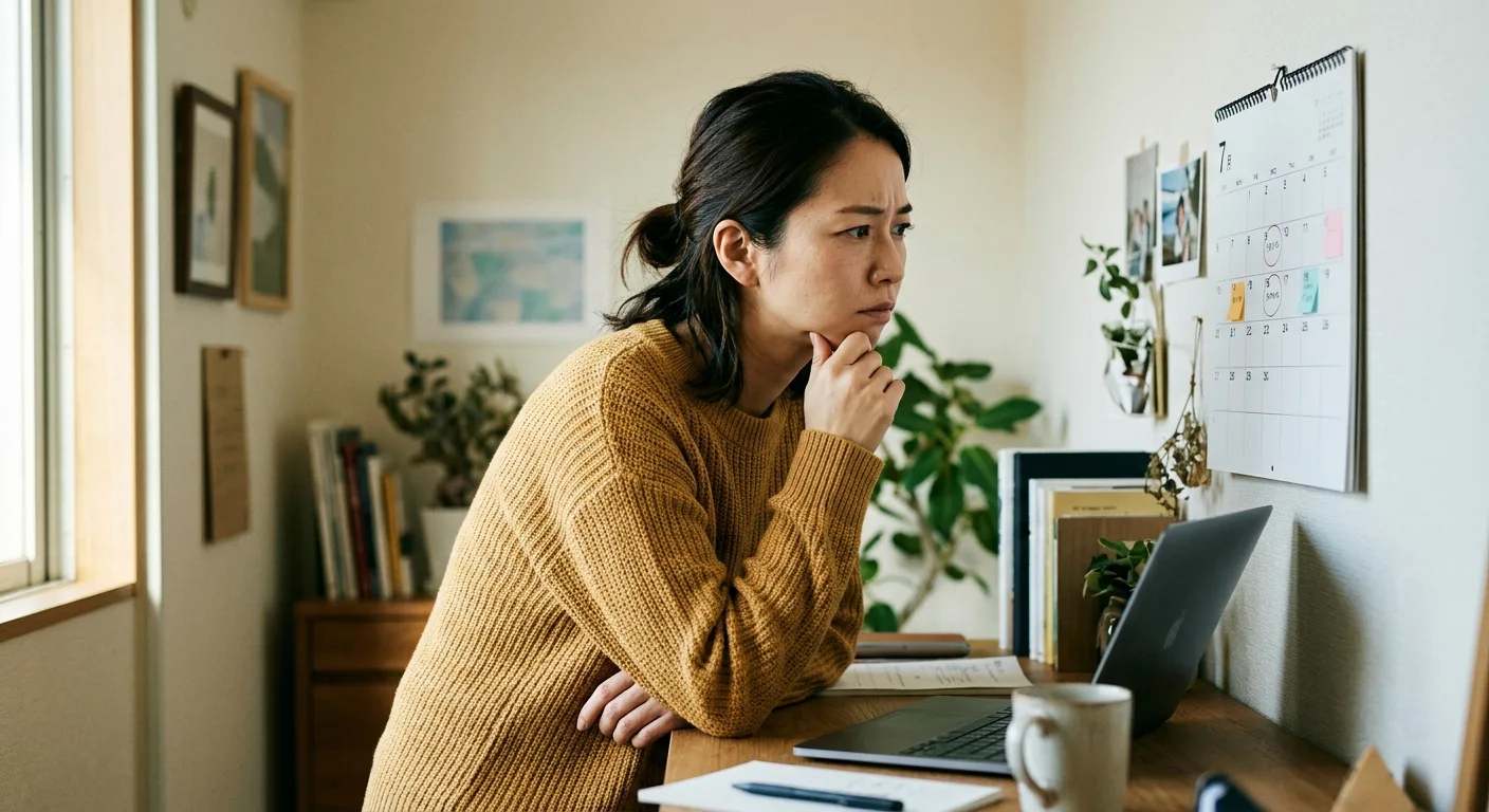 カレンダーを見つめて迷う日本人女性
