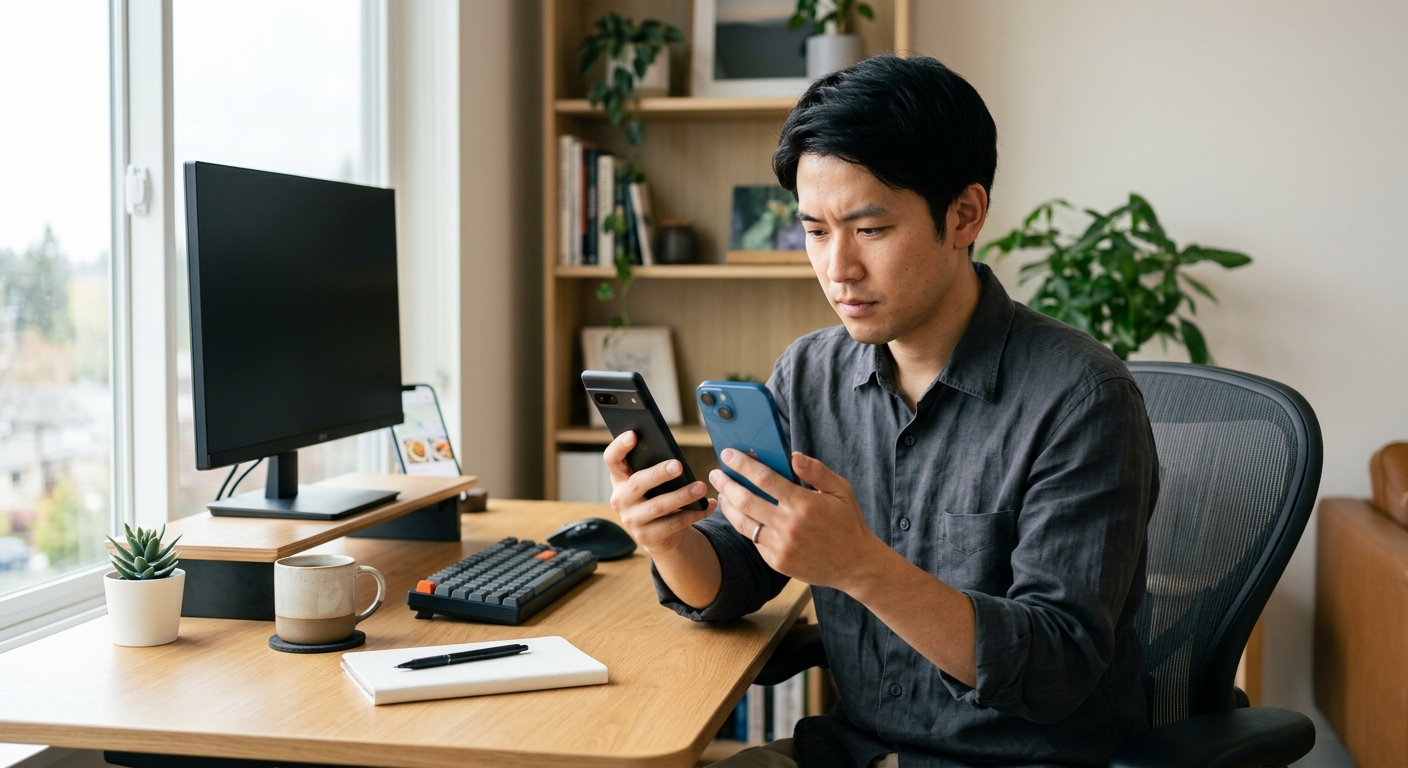 二つのスマートフォンを並べて比較する日本人男性