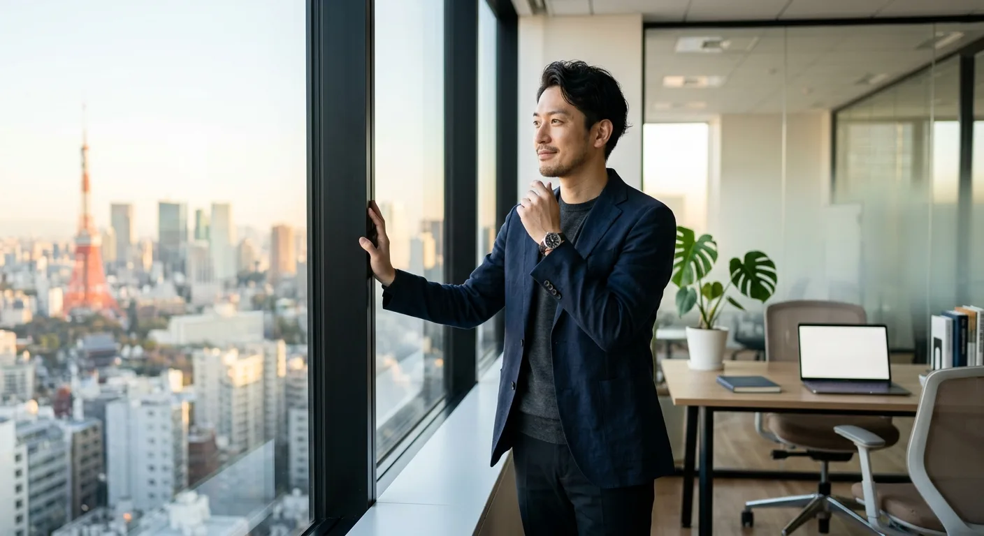 自由を感じる日本人男性が窓辺で外を見ている