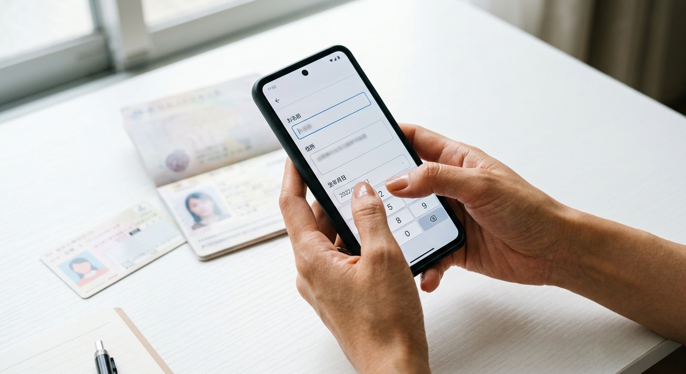 スマートフォンで口座開設の申込をする日本人の手元