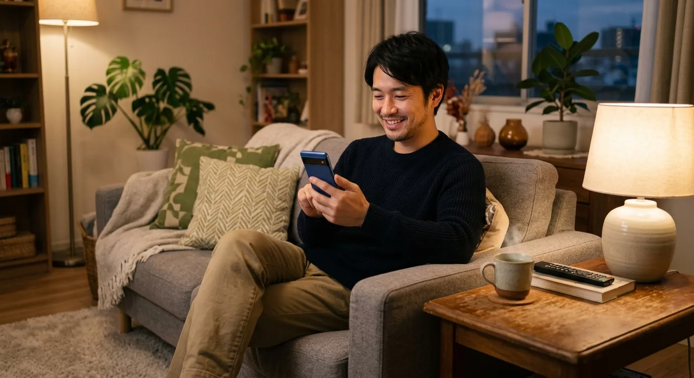 自宅でスマートフォンを使って投資する日本人男性