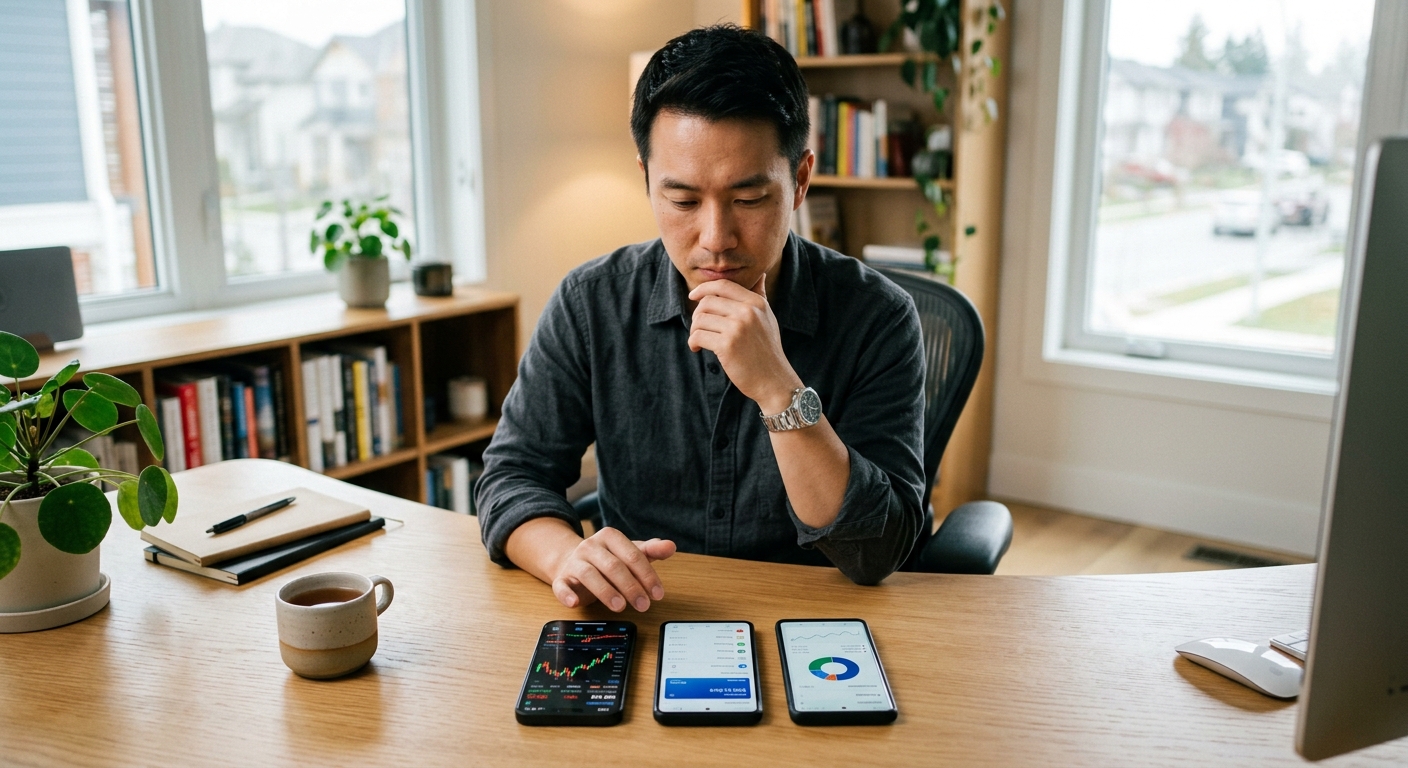 複数のスマートフォンを並べて比較する日本人男性