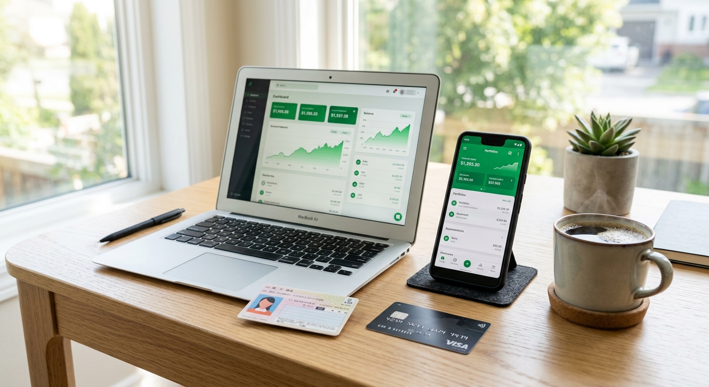 SBI証券のアプリを表示したスマートフォンとノートパソコン