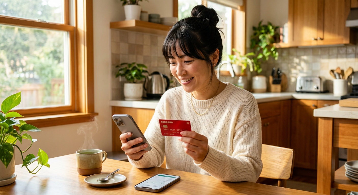 楽天カードとスマートフォンで投資設定をする日本人女性