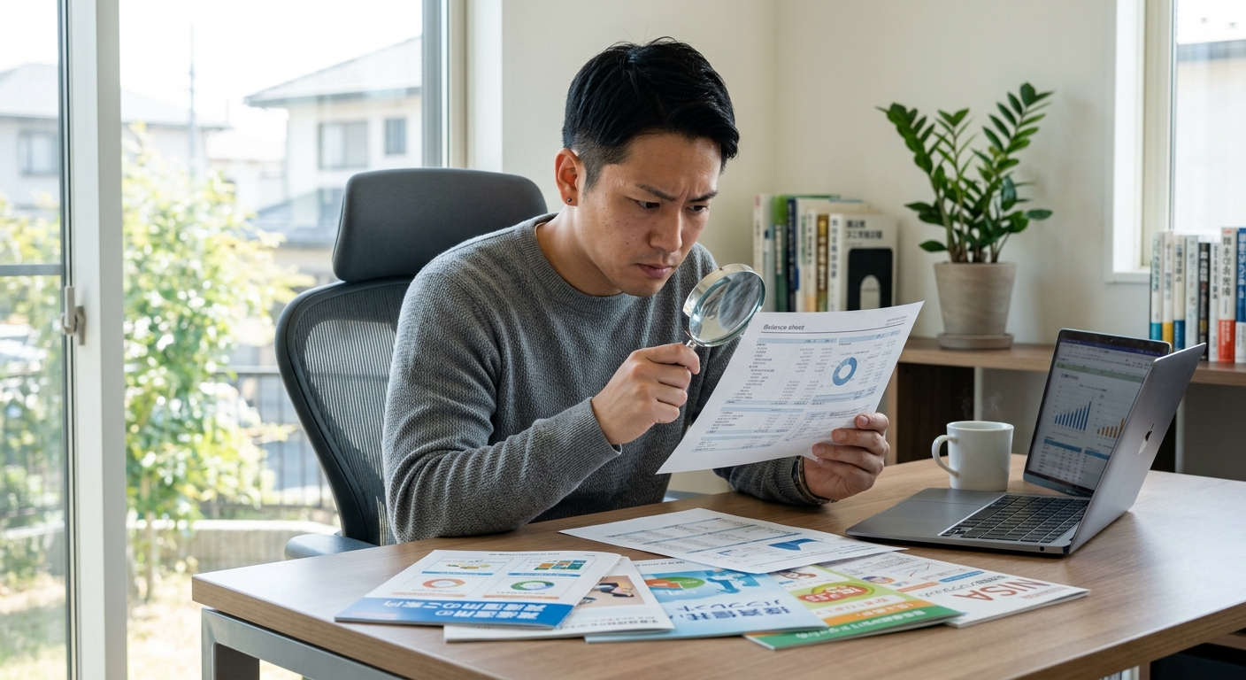 投資信託のパンフレットを虫眼鏡で確認する日本人男性