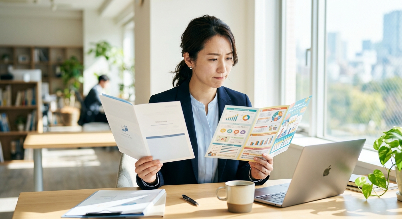 二つの投資信託パンフレットを比較する日本人ビジネスパーソン