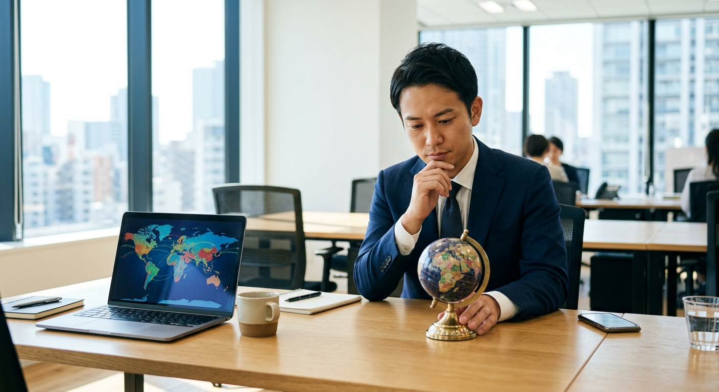 地球儀を見つめる日本人ビジネスパーソン