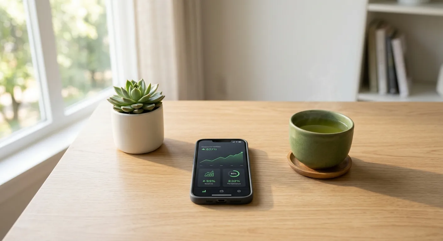 シンプルなデスクにスマートフォン1台だけの風景