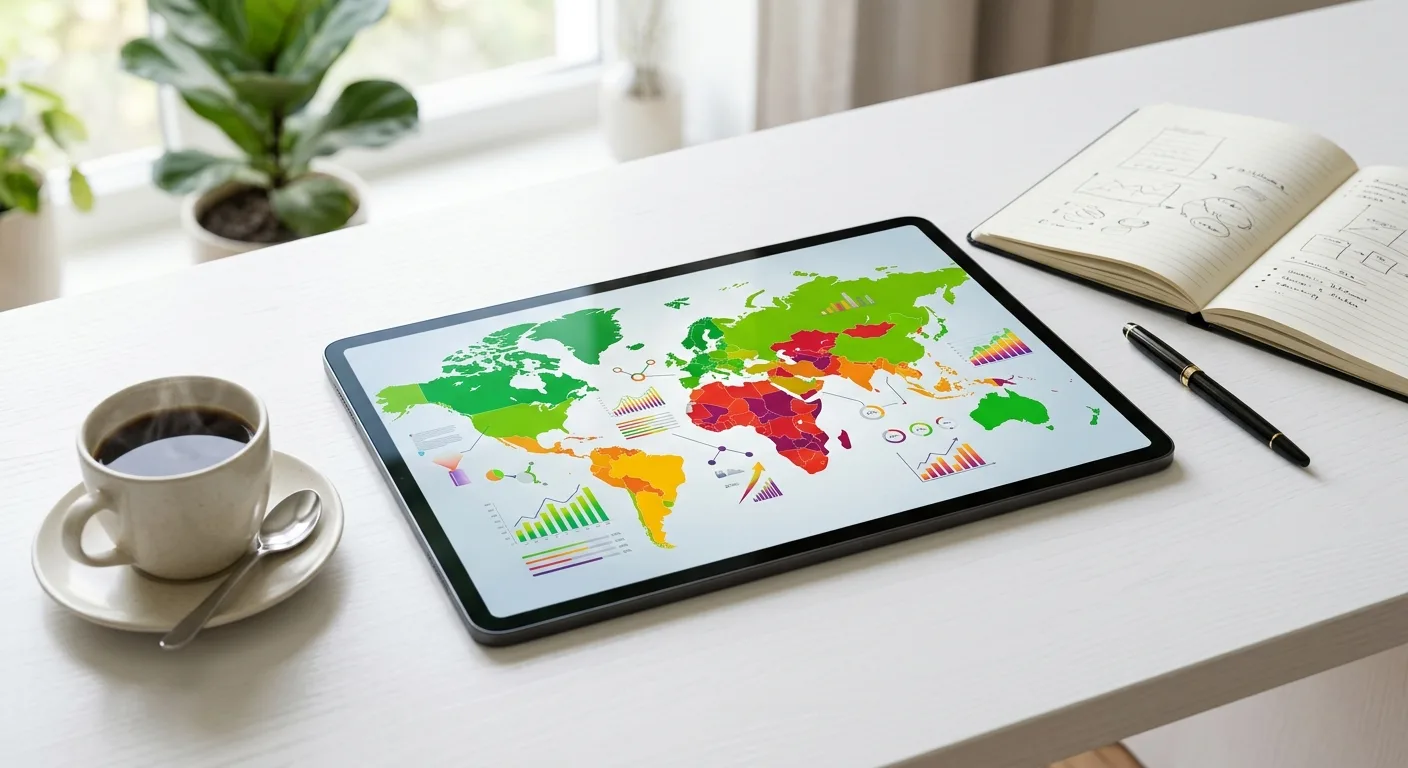 世界地図と投資データが表示されたタブレット