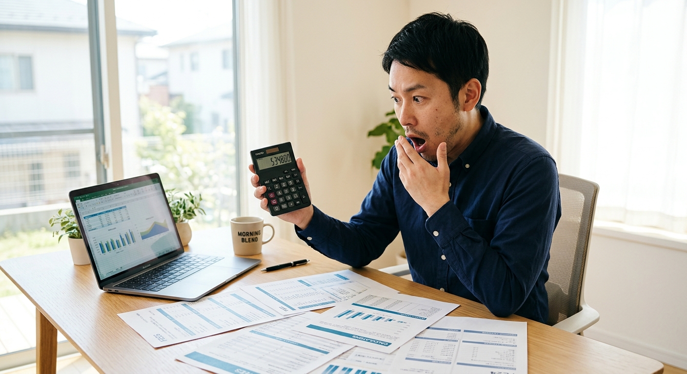 電卓で手数料を計算して驚く日本人男性