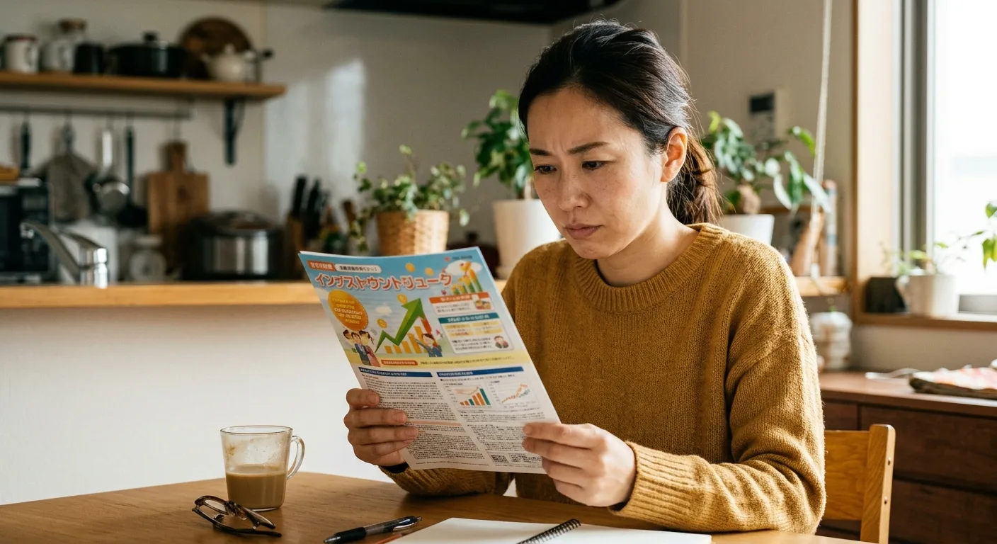 銀行のパンフレットの裏面を読む日本人女性