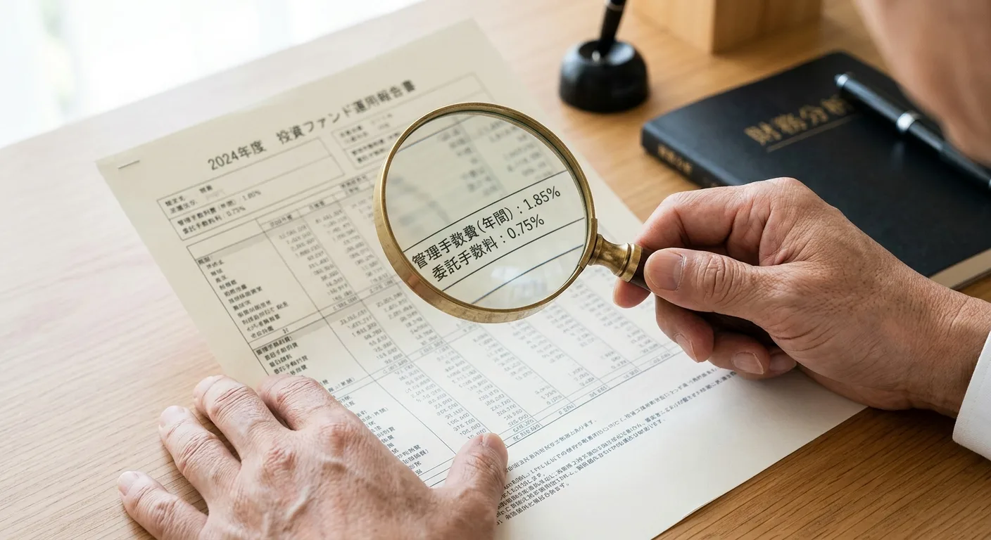 虫眼鏡で投資信託の手数料欄を確認する手元