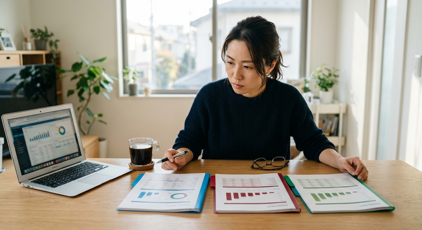 3つの投資信託のパンフレットを並べて比較する日本人