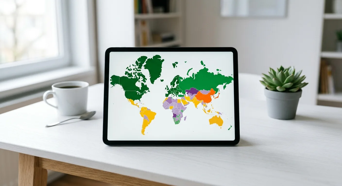 世界地図に投資比率を示すタブレット