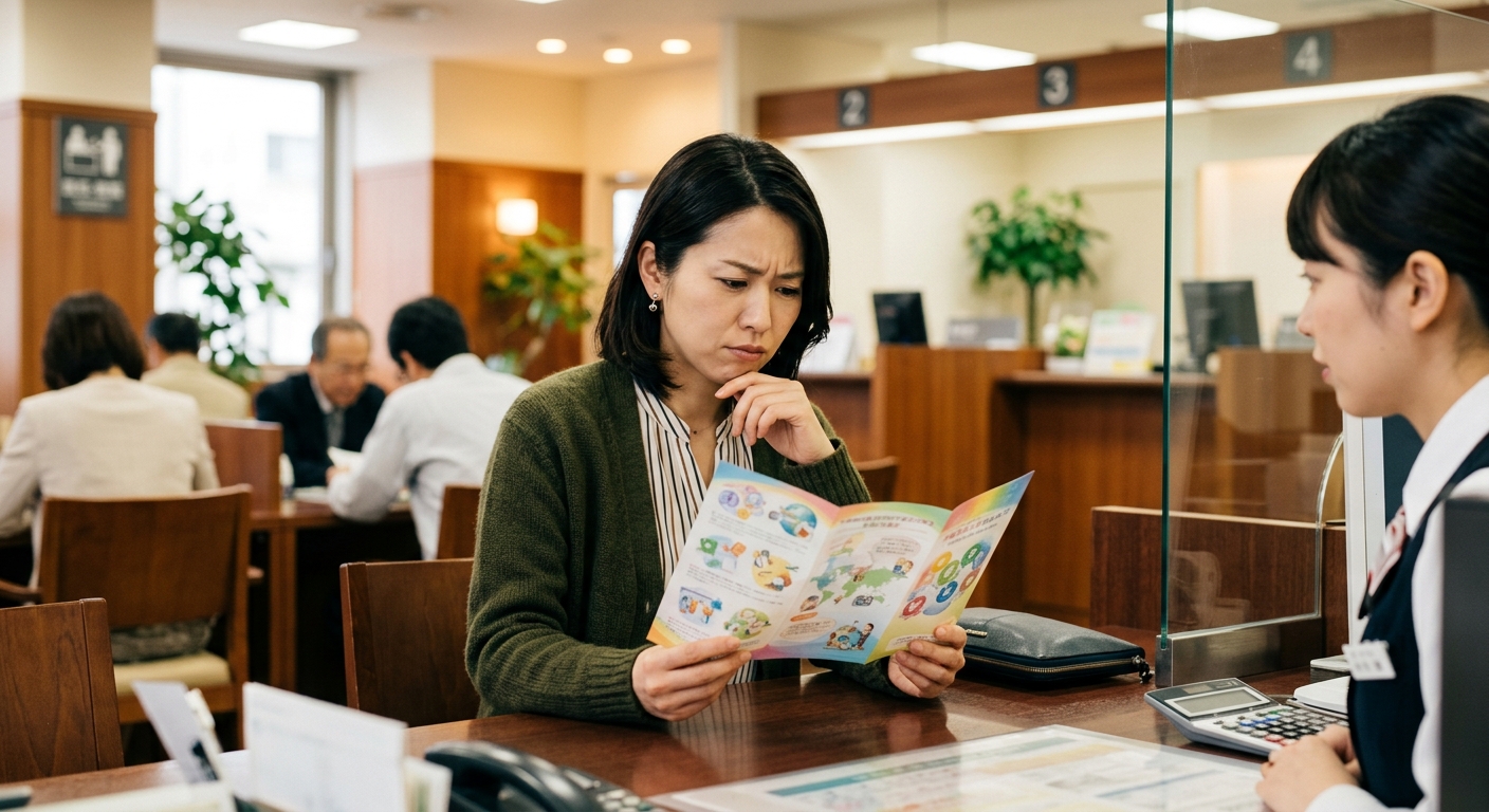 銀行の外貨預金パンフレットを見て悩む日本人