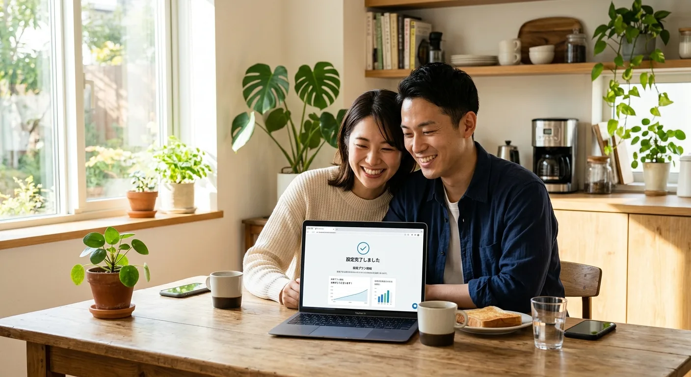 新NISAの積立設定を完了して安心する日本人カップル