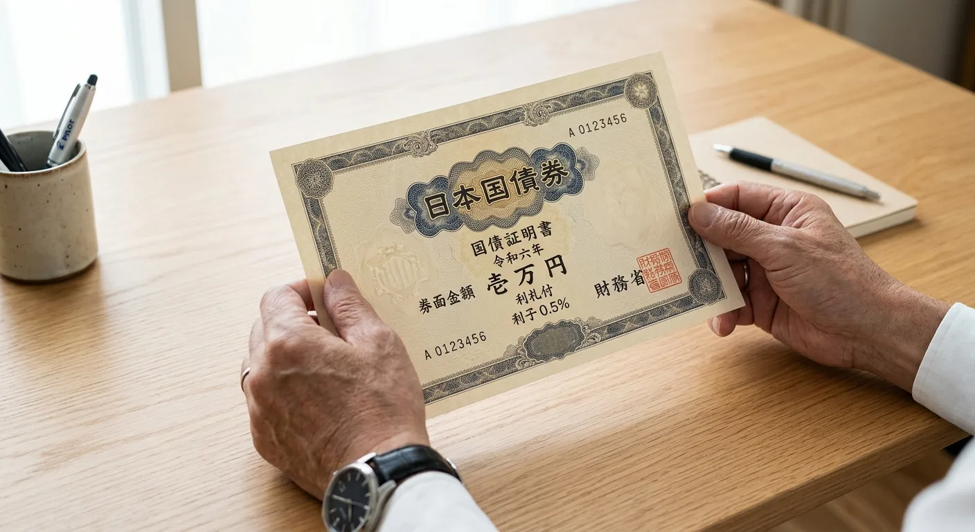 国債の書類を手に持つ日本人の手元