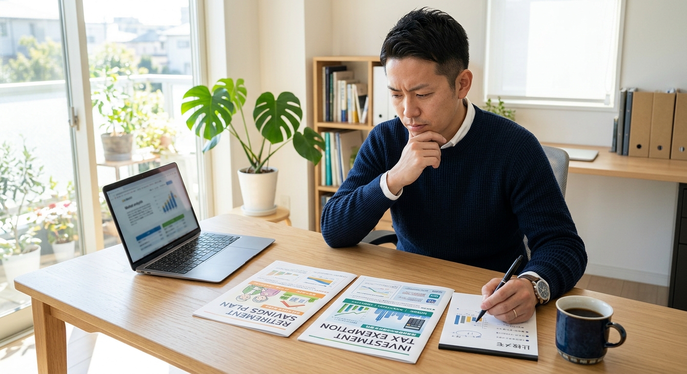 iDeCoとNISAの資料を比較する日本人男性