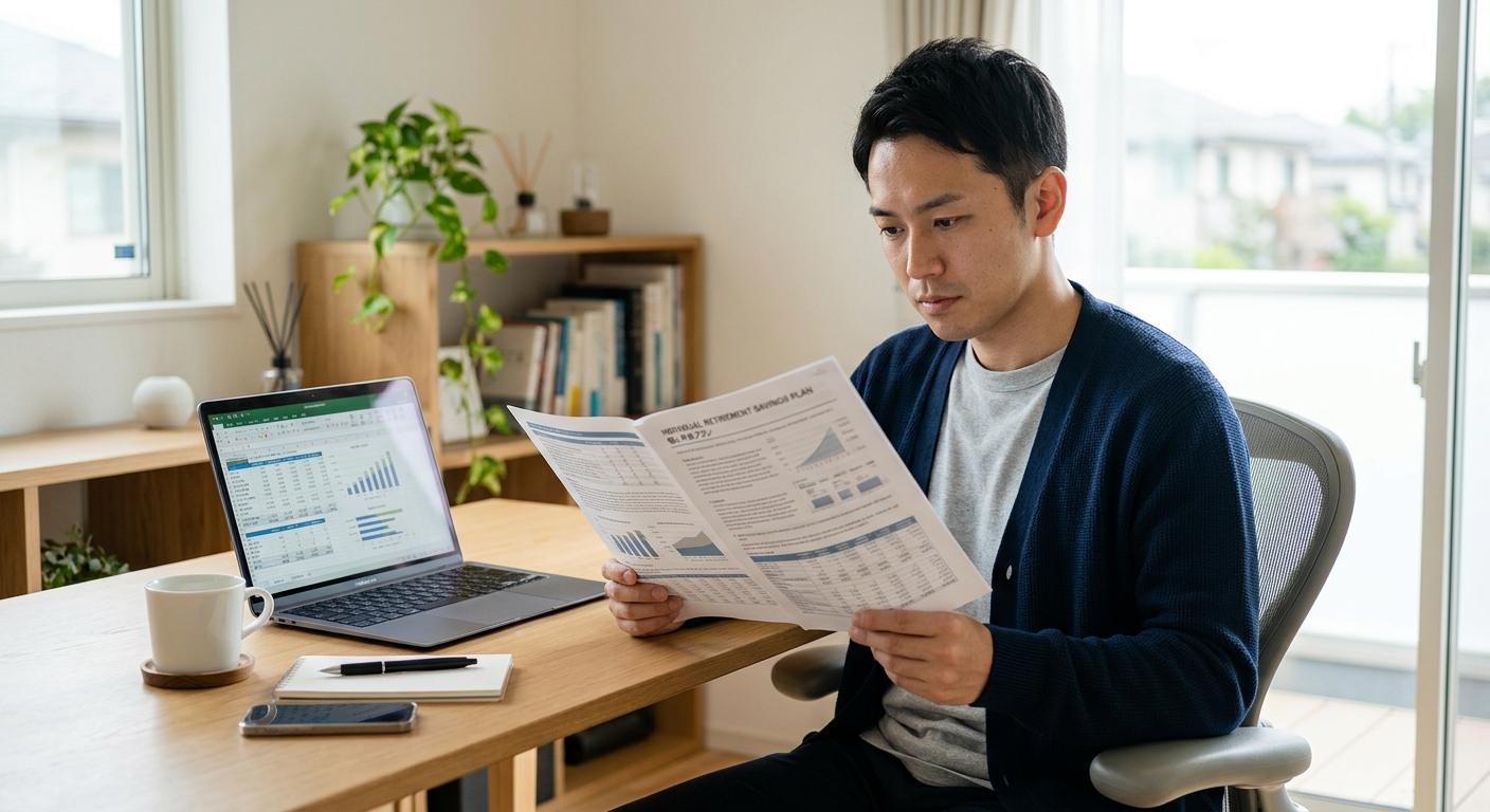 iDeCoの資料を読み込む日本人男性