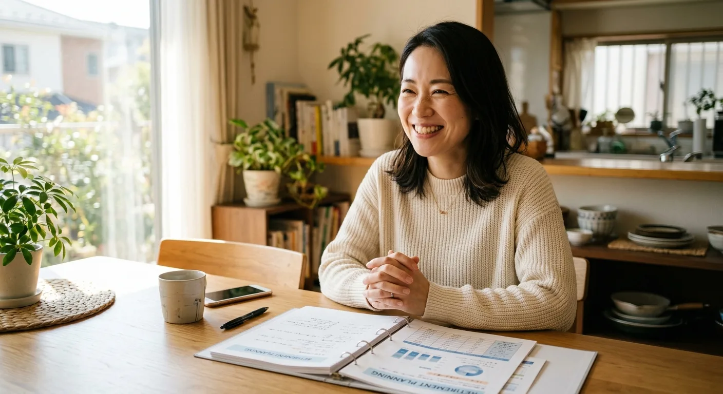 iDeCoの資料を前に納得した表情の日本人女性
