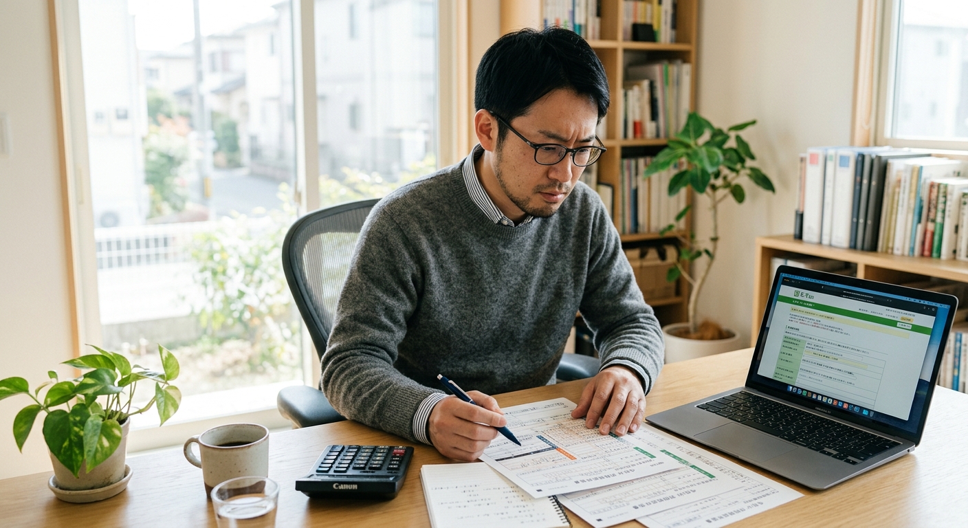 確定申告の書類を前に悩む日本人男性